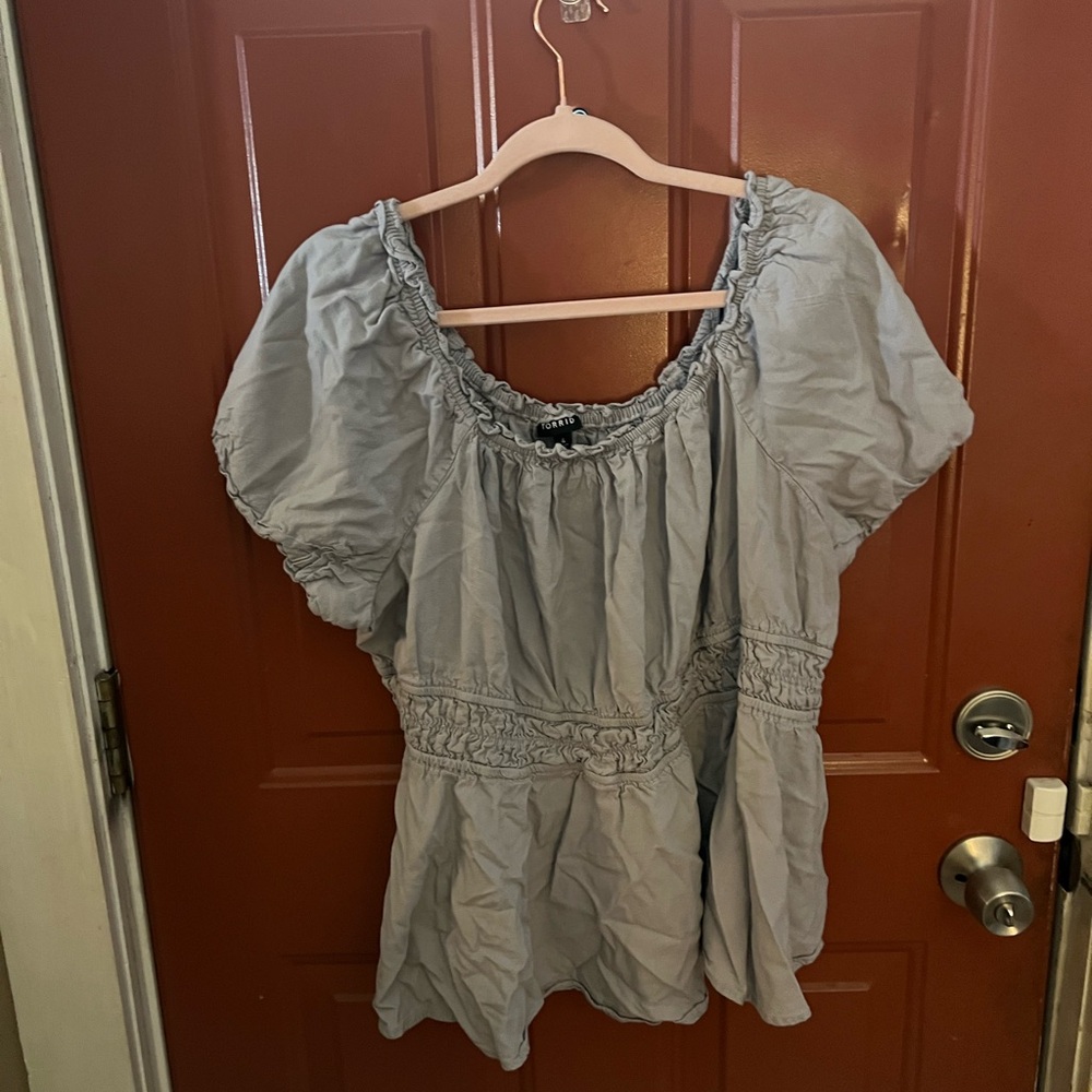 Torrid Silver Puff Sleeve Crop Top with Smocked Ruffles